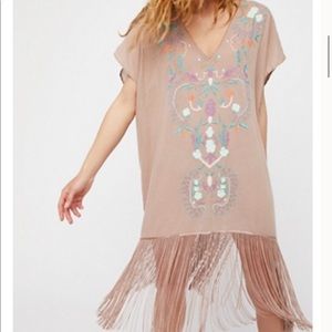 Free People Mauve Fringe Embroidered Kaftan Dress